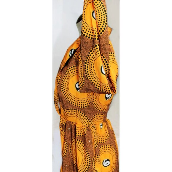 Retro Brown Orange V Neck Dress Long Sleeves Women L Dot Pattern 70s Mod Inspire - Picture 4 of 11